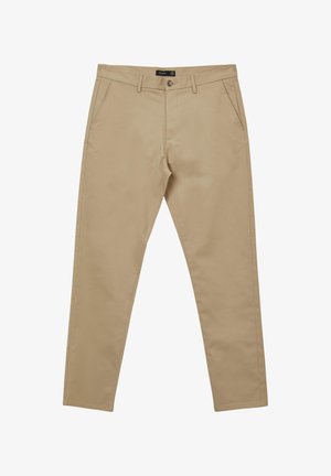 Chinos beige in una vestibilità slim, con chiusura a bottone, tasche laterali inclinate e texture liscia. Aperture per le gambe sagomate per una silhouette moderna.