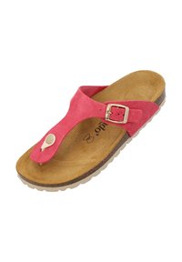 Lyserød ruskinds flip-flop med en spænde detail, tan korksål og hvid gummisål med diskrete skridsikre mønstre.