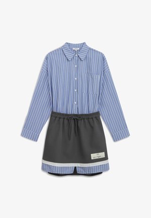 Striped blue button-up shirt with long sleeves and a front pocket, paired with a gray skirt featuring an elastic waistband and white accents.