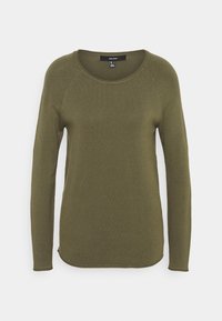 Grüner Pullover mit langen Ärmeln, rundem Ausschnitt und weicher Textur. Verfügt über Raglanärmel und einen abgerundeten Saum am unteren Rand.