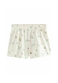 Shorts en coton avec une taille élastique, présentant un fond crème et de petits motifs floraux dans des tons de bleu, de vert et de marron.