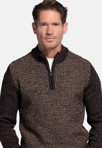 Brede gebreide trui in bruintinten, met een halve ritskraag, een gestructureerd lichaam met een geruit patroon en lange mouwen.