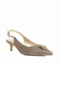 Slingback schoen in metallic bruin stof met een spitse neus, lage hak en decoratieve versiering aan de voorkant. Gladde, gestructureerde afwerking.