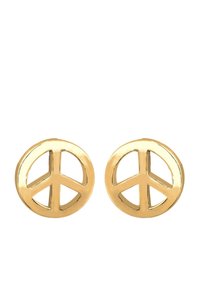 Boucles d'oreilles symbole de paix en ton or, avec un design rond, présentant des détails découpés et une finition lisse et polie. Petites et légères.