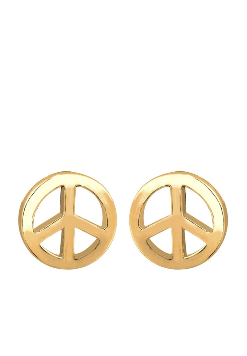 Boucles d'oreilles symbole de paix en ton or, avec un design rond, présentant des détails découpés et une finition lisse et polie. Petites et légères.