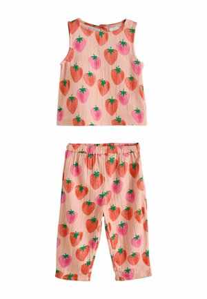 Ujjatlan, őszibarackszínű felső és nadrág szett, narancs és rózsaszín epermintával, rugalmas derékrészű nadrág, könnyű anyagból.