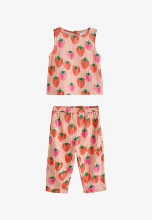 Ujjatlan, őszibarackszínű felső és nadrág szett, narancs és rózsaszín epermintával, rugalmas derékrészű nadrág, könnyű anyagból.