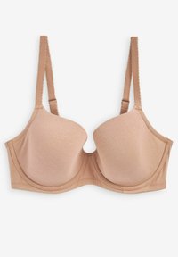 Beige t-shirt bh med formede skåle, justerbare stropper og glat stof. Har en U-formet midte med syninger omkring kanterne.