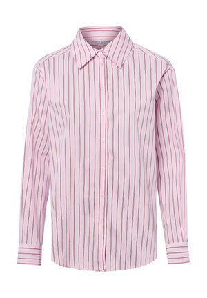 Damenhemd mit langen Ärmeln, rosa-weißen vertikalen Streifen, spitzem Kragen und Manschetten.