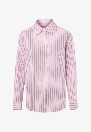 Women’s long-sleeve button-up shirt with pink and white vertical stripes, pointed collar, and cuffs.