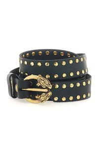 Cintura in pelle nera con borchie dorate e fibbia decorativa a forma di foglia. Presenta doppie file di borchie lungo tutta la lunghezza. Texture liscia.