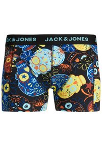 Boxer-briefs colorés pour hommes avec une base noire ornée de motifs complexes de crânes et de fleurs, et une ceinture contrastante portant le logo "JACK & JONES".