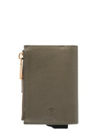 Kompakt olivengrøn læderpung med guld lynlås og subtilt præget logo på forsiden, vist lukket på en hvid baggrund.