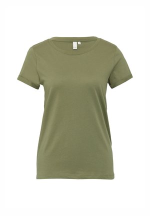 Olivgrünes Baumwoll-T-Shirt mit rundem Halsausschnitt, kurzen Ärmeln und normaler Passform. Verfügt über eine glatte Textur und ein minimalistisches Design.