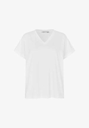 Weißes T-Shirt mit kurzen Ärmeln, V-Ausschnitt und lockerem Sitz, mit Masai-Markenetikett innen am Kragen.