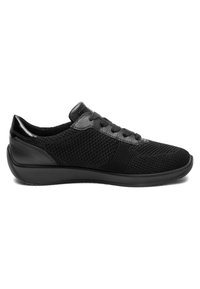 Black low-top sneaker with knit fabric upper, lace-up closure, leather detail on heel and tongue, and rubber sole.