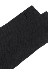 Pair of black knit fingerless gloves with a thumb hole, displayed flat on a white background.