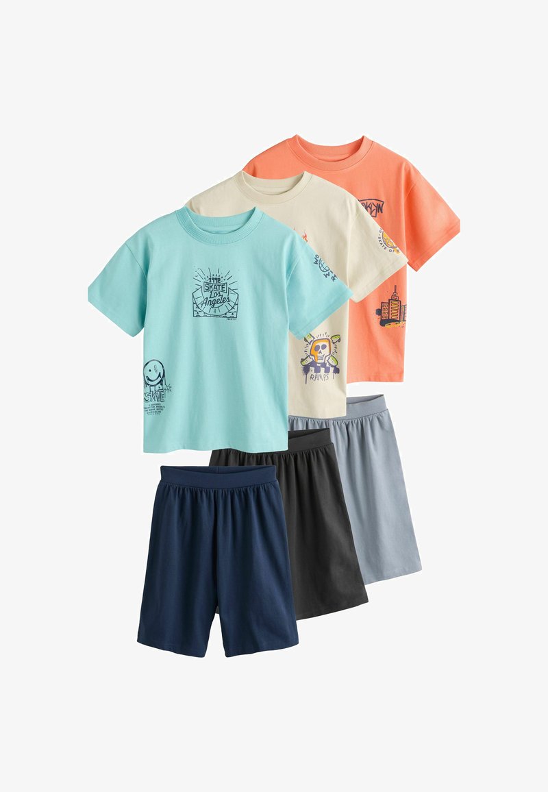 Three short-sleeve graphic t-shirts in blue, beige, and orange paired with navy, black, and light gray shorts on a white background.