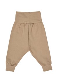 Béžové elastické kalhoty s vysokým, nařaseným pasem, zúženými manžetami a jemnou texturou, navržené pro pohodlí a snadný pohyb.