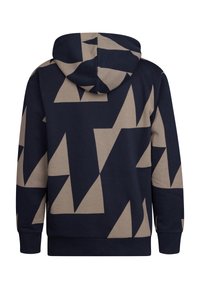 Sudadera con capucha que presenta un patrón geométrico en tonos azul marino y beige. Fabricada en una tela suave, con un bolsillo tipo canguro y puños de canalé.