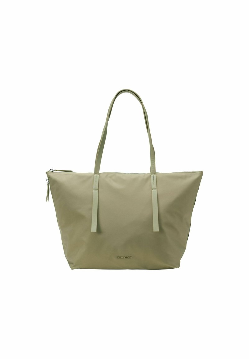 Sac fourre-tout en toile dans un vert doux avec deux poignées longues et plates. Présente une fermeture zippée et un design minimaliste, un surface texturée, sans quincaillerie visible.