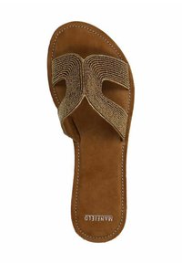 Brown slide sandal featuring a beaded, textured strap, flat sole, and contrasting white stitching. Brand name "Maneelid" visible on the bottom.