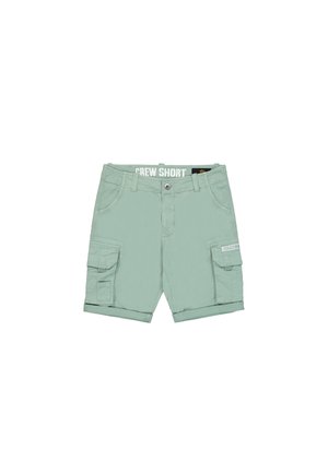 Shorts cargo verde menta con chiusura a bottone, due tasche laterali e due tasche cargo. Il tessuto è liscio con una texture leggermente opaca.