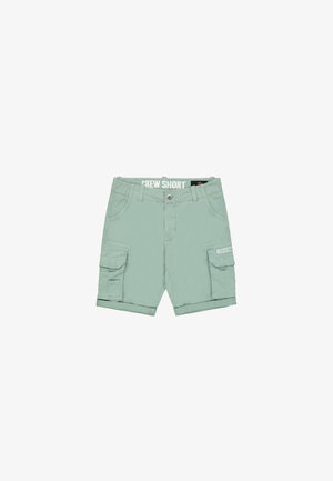 Minzgrüne Cargo-Shorts mit Knopfverschluss, zwei Seitentaschen und zwei Cargo-Taschen. Der Stoff ist glatt und hat eine leicht matte Textur.