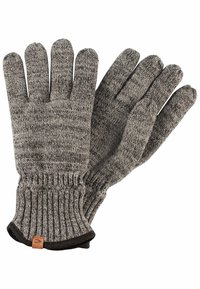 Gray knitted gloves with a ribbed cuff. Material has a textured appearance, featuring a mix of darker and lighter gray threads.