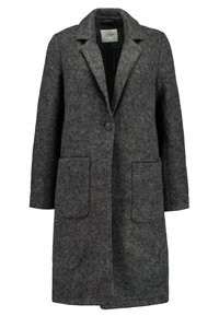Cappotto grigio in lana con colletto a revers, chiusura a un bottone e due tasche frontali. Tessuto liscio e design fino al ginocchio.