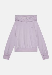 Hoodie cropped lilla realizzato in morbido tessuto, dotato di cappuccio, polsini a coste e un piccolo logo sul petto. Tessuto liscio con cuciture.