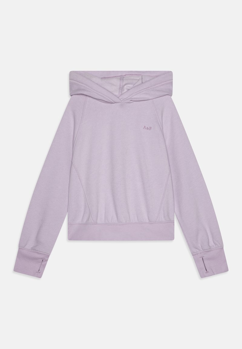 Hoodie cropped lilla realizzato in morbido tessuto, dotato di cappuccio, polsini a coste e un piccolo logo sul petto. Tessuto liscio con cuciture.