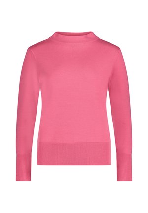 Różowy sweter z długim rękawem, z prążkowanymi mankietami, zakończeniem i kołnierzem typu stójka, prezentowany na białym tle.