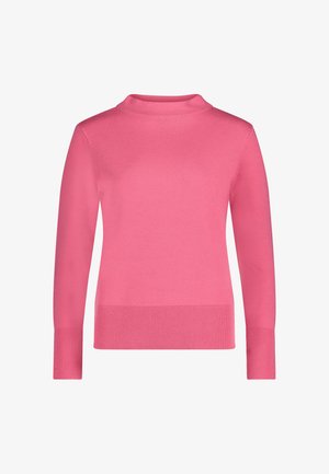 Różowy sweter z długim rękawem, z prążkowanymi mankietami, zakończeniem i kołnierzem typu stójka, prezentowany na białym tle.