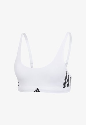 Weißer Sport-BH mit dünnen Trägern und rundem Ausschnitt. Schwarze horizontale Streifen an den Seiten und Logodetail am Saum.