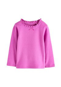 Top de manga larga en forro polar rosa brillante, con un cuello con volantes y un pequeño lazo decorativo en el centro delantero. Tejido suave y texturizado.