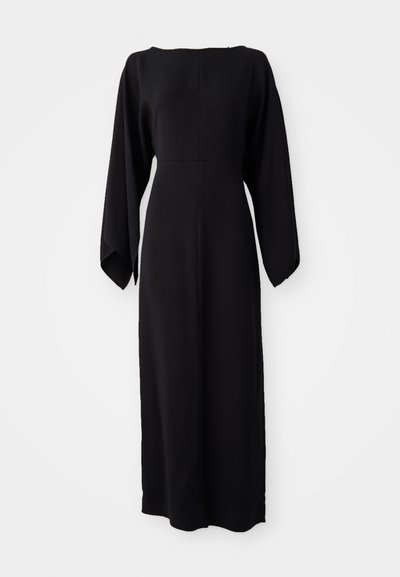 Black long-sleeve dress with a straight cut, featuring a boat neckline and soft, smooth texture. No visible patterns or hardware details.