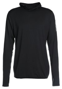 Mustapaita, jossa on pitkät hihat ja korkea kaulus, pehmeää ja joustavaa kangasta, oikeassa hihassa on viistoja raidallisia yksityiskohtia.