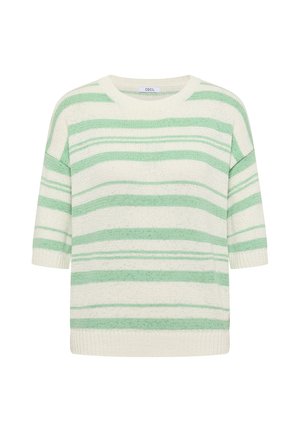 Pull en maille rayé crème et vert clair avec manches mi-longues et col rond et bas côtelés.
