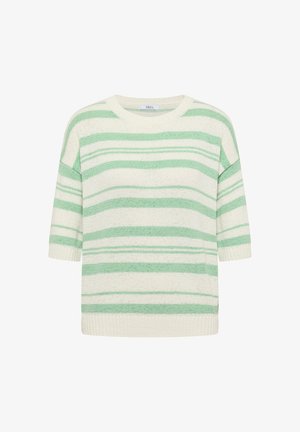 Pull en maille rayé crème et vert clair avec manches mi-longues et col rond et bas côtelés.