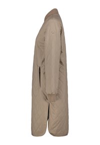 Lang quiltet frakke i lys beige, med ensfarvet design, ribbede manchetter og en lynlåslomme på siden.