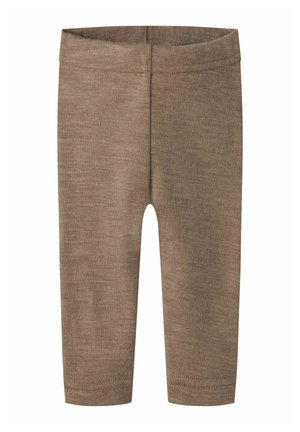 Leggings en maille marron pour bébé avec taille élastique et couture simple sur fond blanc.