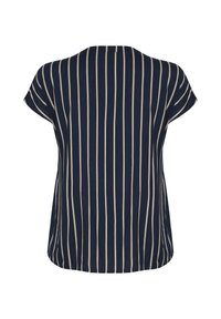Top à manches courtes bleu marine avec des rayures verticales beiges, décolleté rond et coupe ample. Tissu doux et lisse sans embellissements.