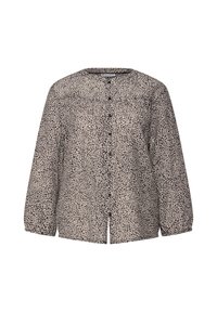 Leopardmönstrad skjorta med knappar, rund halsringning och långa ärmar. Lättviktig tyg, något texturerad, med mörka fläckar på en beige bakgrund.