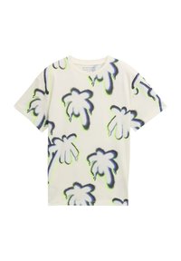 T-shirt à manches courtes surdimensionné en coton crème mettant en avant un graphique de palmier en bleu et vert. Texture lisse, col ras du cou, design décontracté.