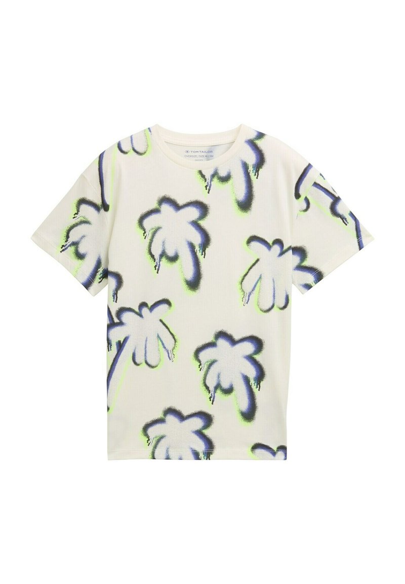 T-shirt à manches courtes surdimensionné en coton crème mettant en avant un graphique de palmier en bleu et vert. Texture lisse, col ras du cou, design décontracté.