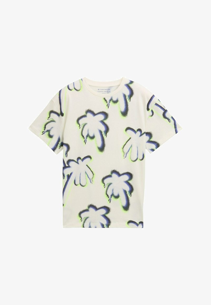 Oversized short-sleeve t-shirt in cream cotton featuring palm tree graphic in blue and green. Smooth texture, crew neckline, casual design.
