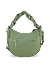 Grüne Handtasche aus Kunstleder mit geflochtenem Griff, geschwungener Form, oberem Reißverschluss und vorderer Reißverschlusstasche. Strukturierte Oberfläche.