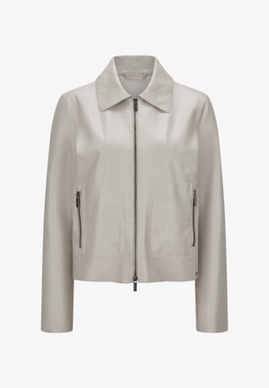 Hellgraue Lederjacke mit Kragen, vorderem Reißverschluss und zwei seitlichen Reißverschlusstaschen. Sie verfügt über eine glatte Textur und eine taillierte Passform.