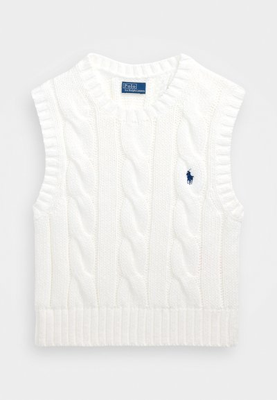 Bela brezrokavnik s kabelskim pletenjem in rebrastim robom ter okroglo ovratnikom. Ima majhen mornarsko moder logo na zgornji levi strani.